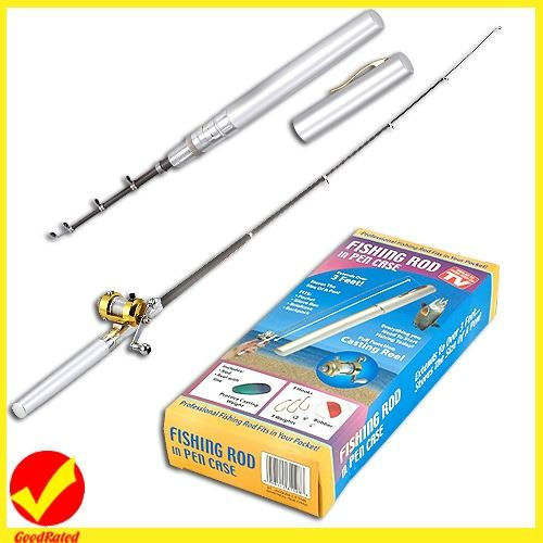 Mini Silver Tone Pen Fishing Rod Reel Line Hook Bobber  