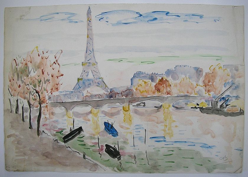 FAUVIST WATERCOLOR PAINTING SIGNED EIFFEL TOWER 1950  