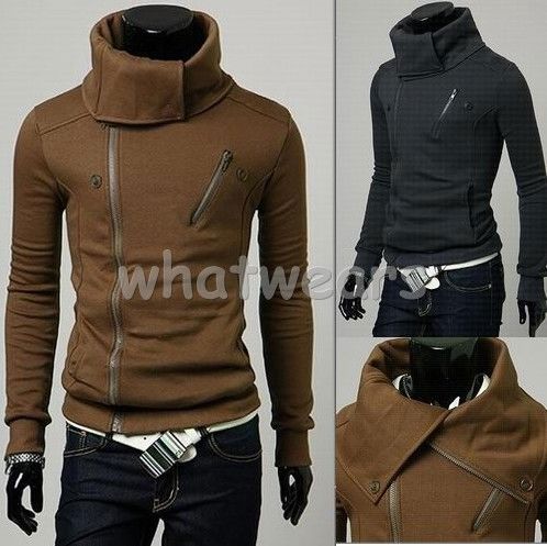 Mens Double Zip Design Slim Stand collar Hoodie Z77  