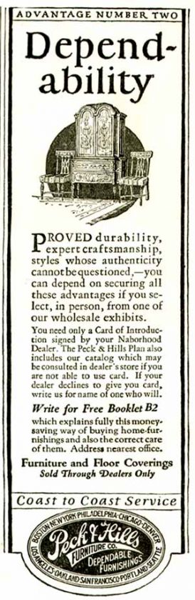 RARELY SEEN 1925 PECK & HILLS FURNITURE COMPANY AD  