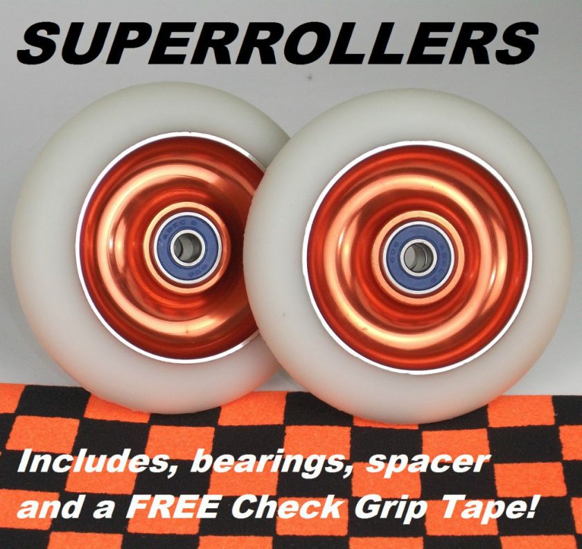 Orange Metal Core Scooter Wheels White PU x2 + Check Grip Tape Free 