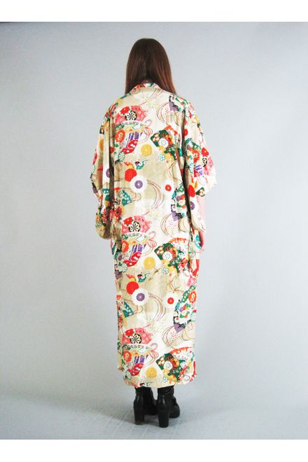 Vtg 40s METALLIC DETAIL ORIENTAL SCENE DRAPED KIMONO jacket & sash 