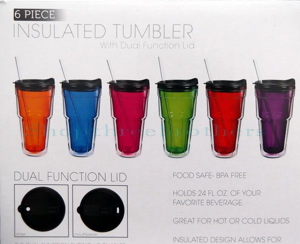 New 6 Piece 24 oz Plastic Tumblers Set with Lids & Straws Insulated 