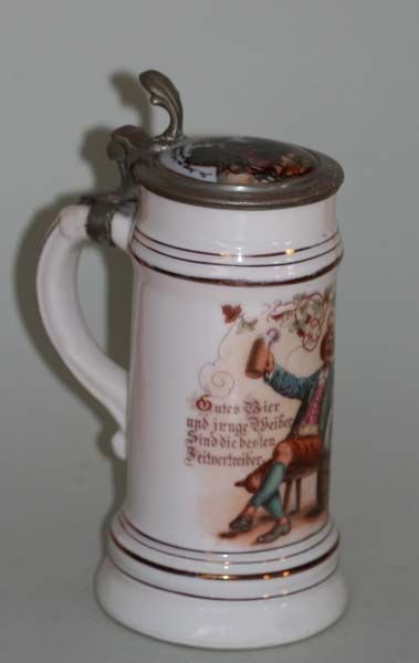 LIDDED PORCELAIN BEER STEIN w. BOTTOM PICTURE c. 1860  