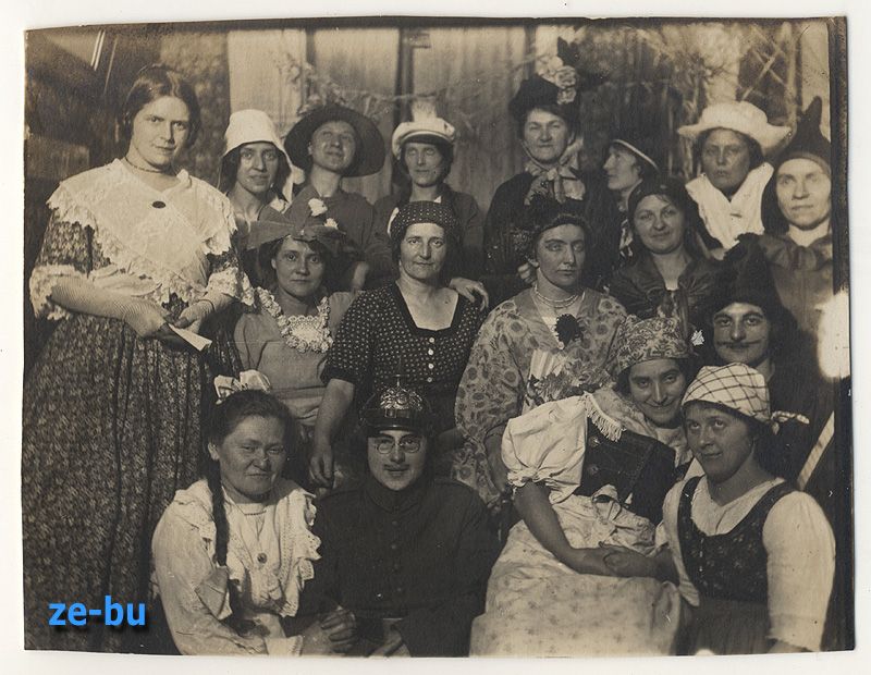 1920s PHOTO FOLKS in CARNIVAL COSTUMES & SPIKED HELMET  