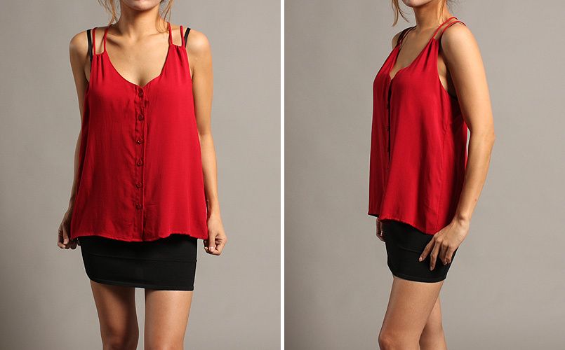 MOGAN Chic Button Down CUT OUT Camisole TANK BLOUSE A Line Woven 