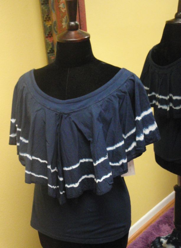   Shibori Tie Dyed Ruffled Top Navy & White Spanish Style Lovely NEW