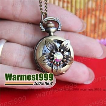 Antique Vintage Can Turn Flower Quartz Pocket Watch Pendant Necklace 1 