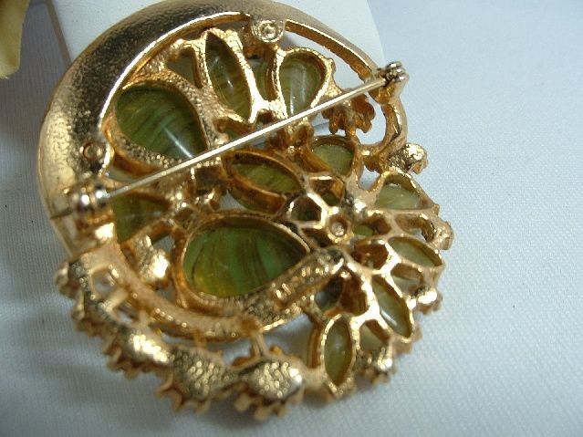 Vtg Art Brooch Green Striped Glass Stones Rhinestone  