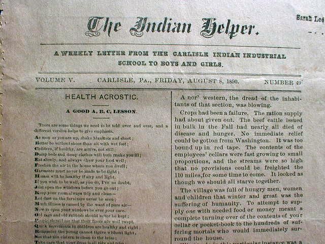 Rare 1890 Native American Indian published newspaper CARLISLE PA  121 