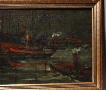 AMERICAN ASHCAN 1903 PHILADELPHIA HARBOR MAURICE MOLARSKY TUG BOAT OIL 