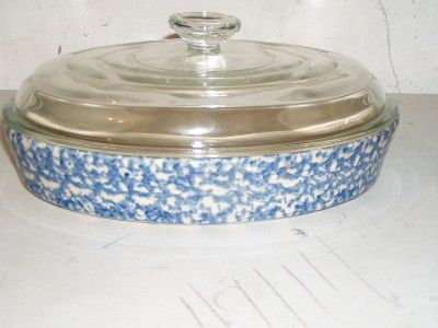 Henn Pottery BLUE Spongeware 12 Oval BAKER w/Lid  