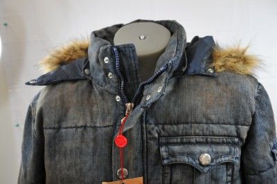 TRUE RELIGION BRAND JEANS MENS DENIM DOWN PUFFER JACKET FUR HOOD XL 