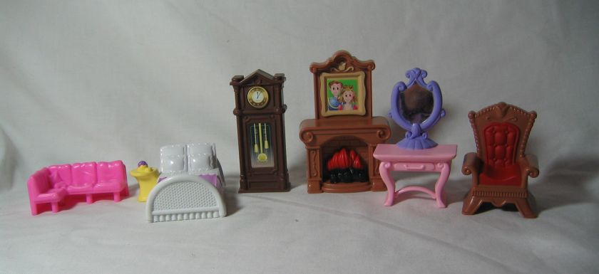 lot of 6 plastic dollhouse furniture bed chair dresser fireplace couch 