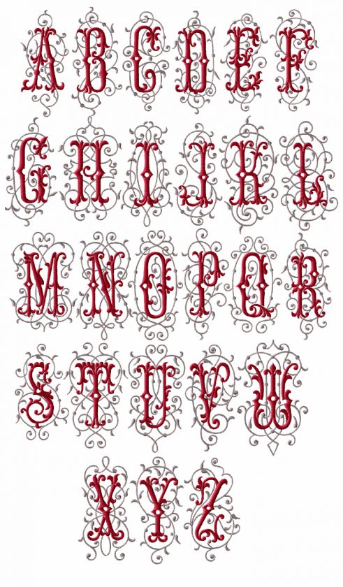 Barocco Initials machine embroidery font   natural size sample