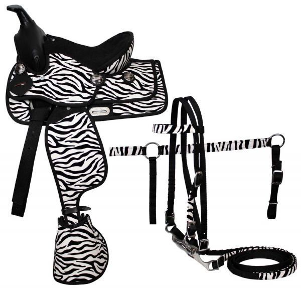 12 Zebra Saddle Bridle Breast Collar Reins Pony Horse  
