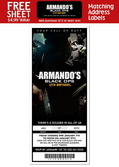 CALL OF DUTY BLACK OPS Birthday TICKET INVITATION  