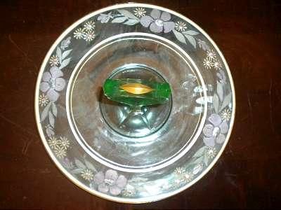 Vintage GREEN GLASS TIDBIT Handled Floral SNACK TRAY  
