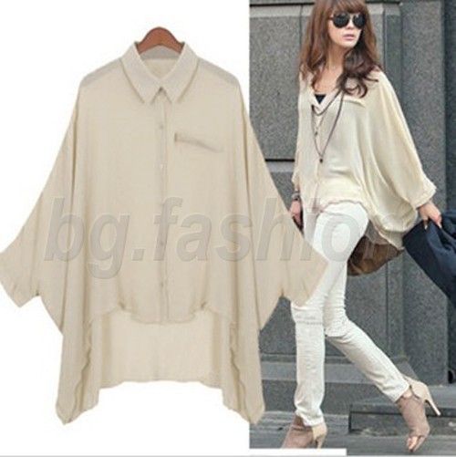 Ladies Chiffon Bat wing Shirt Asym Hem Blouse 2 colours  