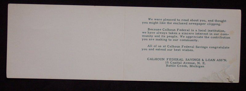 1960s Calhoun Federal Savings & Loan Battle Creek MI  