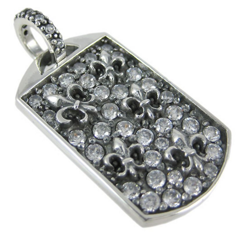 Sterling Silver Fleur De Lis CZ Dog Tag Pendant  