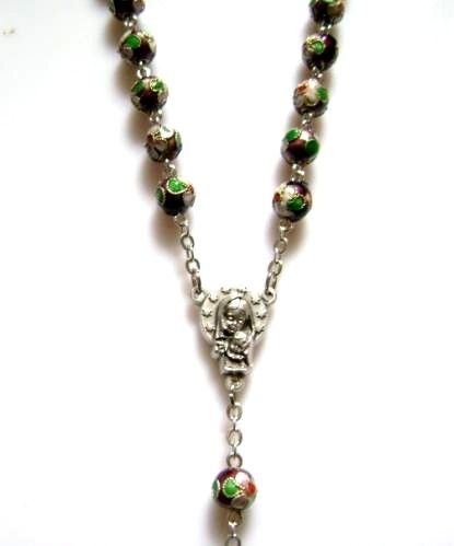 Black Coffee CLOISONNE ROSE BEAD ROSARY CROSS NECKLACE  