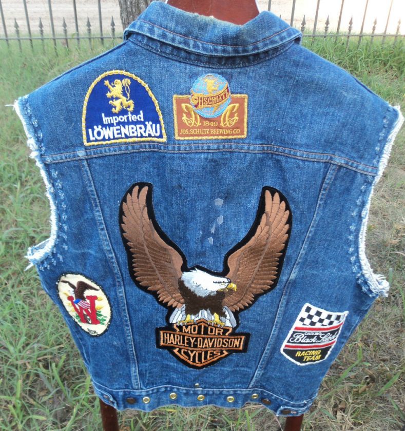 Folk Art Amazing VTG Denim Blue Jean Motorcycle Bikers Vest Harley 