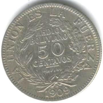 BOLIVIA COIN 50 CENTAVOS 1909 H KM 177 XF   