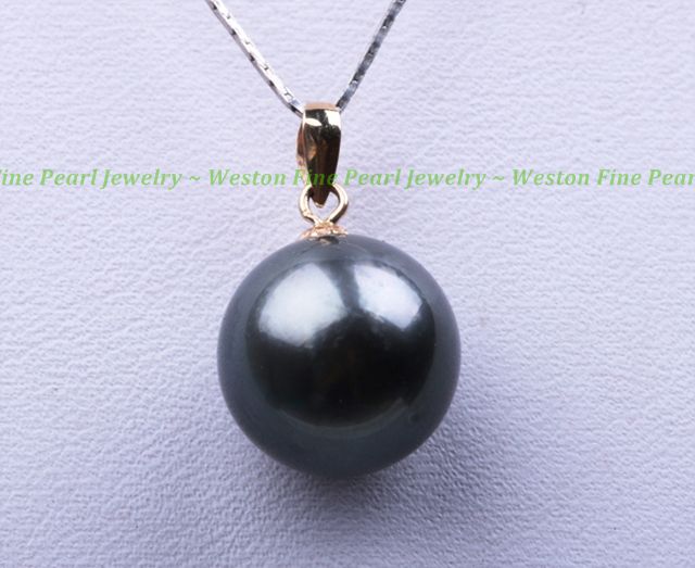 12.9MM BLACK TAHITIAN PEARL SOLITAIRE PENDANT 14K GOLD  