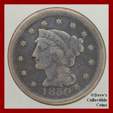 1850 (P) VG Braided Hair Large Cent US Coin #10275590 80  