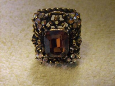 Antique Vintage Aurora Borealis Amber Rhinestone Ring  