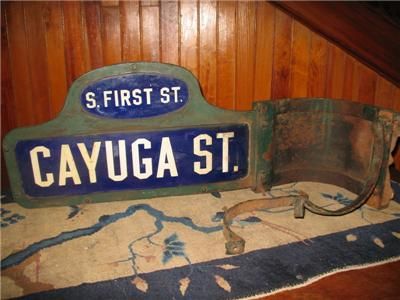   HUMPBACK PORCELAIN STREET SIGN W/ DECORATIVE BRACKET, CAYUGA, NY