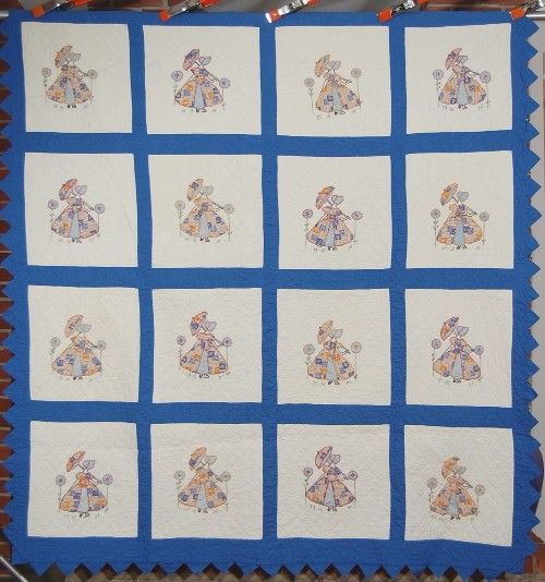 Cheery 30s Vintage Sunbonnet Sue Antique Quilt, NICE BLUE & PRAIRIE 