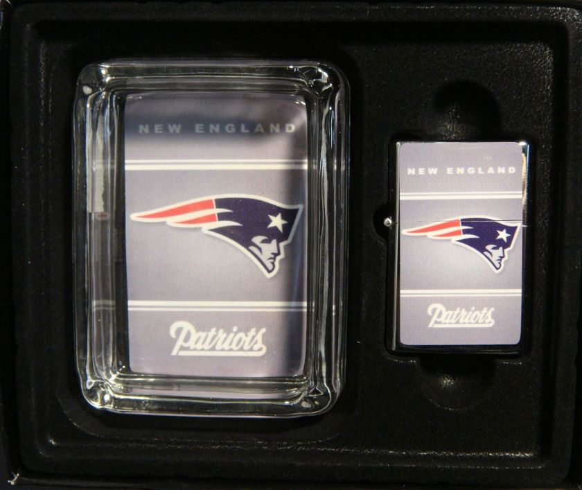 NEW ENGLAND PATRIOTS GLASS ASHTRAY AND CIGARETTE LIGHTER GIFT SET NEW 