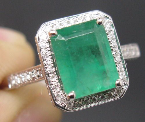   Soild 14K White Gold Natural Columbian Emerald VS Diamond Ring  