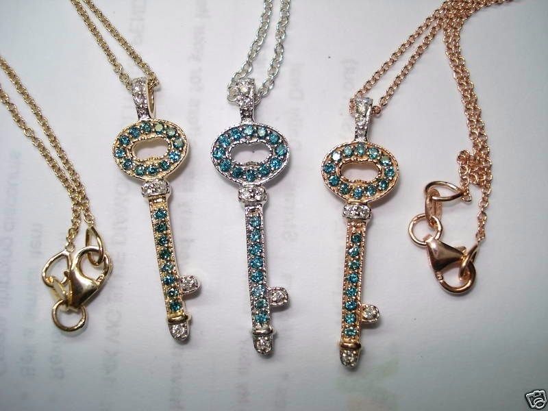   GOLD BLUE & WHITE DIAMONDS KEY PENDANT NECKLACE HAND MADE  PAVE SETT