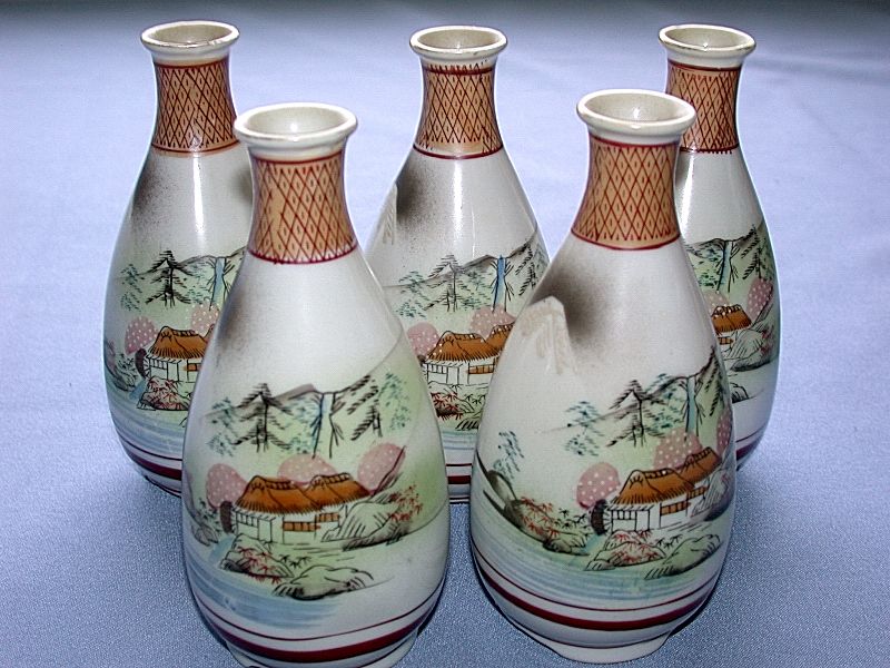 Beautiful Five Japanese Sake Decanters / Jugs  