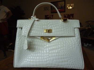 White Patent Leather Croc embossed Birkin Kelly Bag gold lock key 