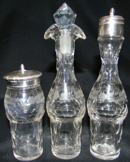 ANTIQUE 1870s NEO GREC SILVER PLATE GLASS CASTOR SET  