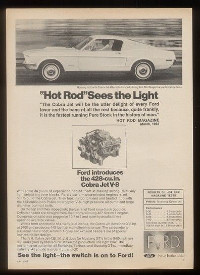 1968 Ford Mustang fastback Cobra Jet 428 car photo ad  