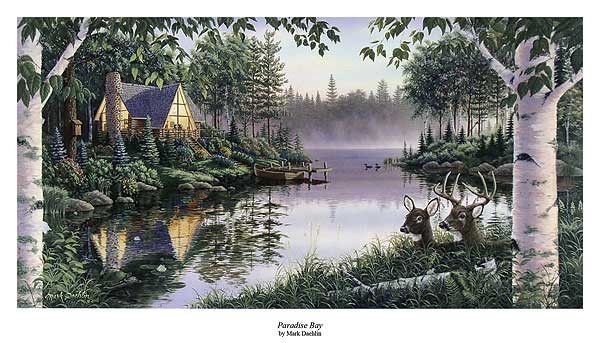 MARK DAEHLIN S/N DEER LOON AND CABIN PRINT PARADISE BAY  