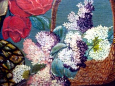 ROSE LILAC 1800S/1900 ANTIQUE OIL PAINTING OLD VINTAGE  