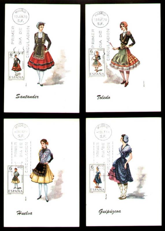 SPAIN FORTUNA NATIONAL FOLK DRESS 4 FDC MAXI CARDS 1968  