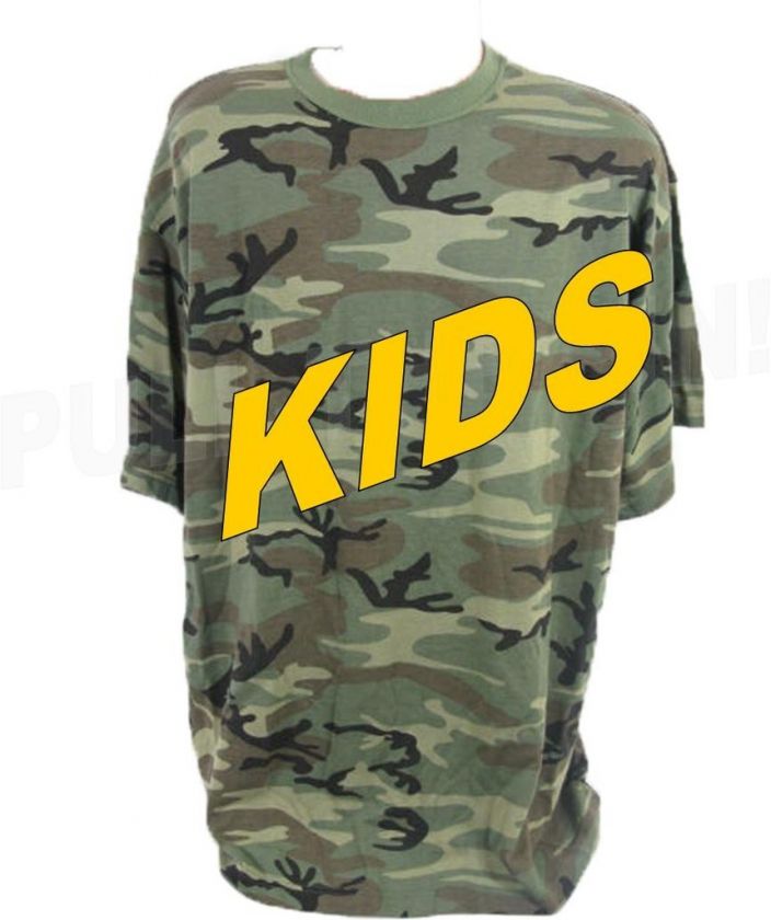 KIDS VINTAGE WOODLAND CAMO TEE MILITARY T SHIRT  