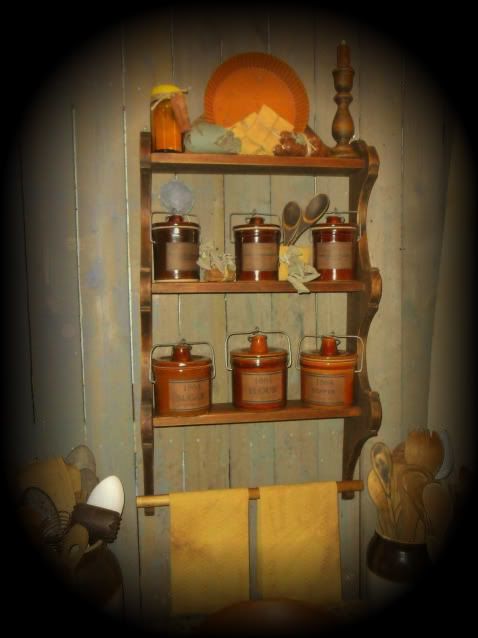 Primitive Gathering Open Cupboard~Stoneware Crocks~Pie Tin~Candles 