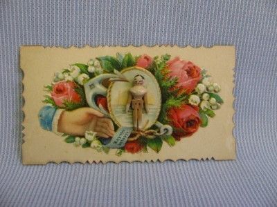 Miniature PEG WOODEN DOLL 1880s & Antique VICTORIAN SCRAP Card 