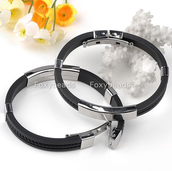 New Mens Stainless Steel Rubber Bracelet Wristband 8L  