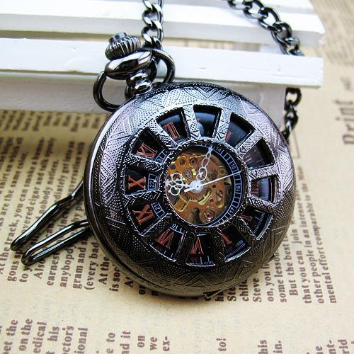   Hollow Black Hand Winding Skeleton Men Unisex Mechanical Pocket Watch