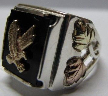 Vintage 14K STERLING BLACK HILLS GOLD ONYX EAGLE RING  