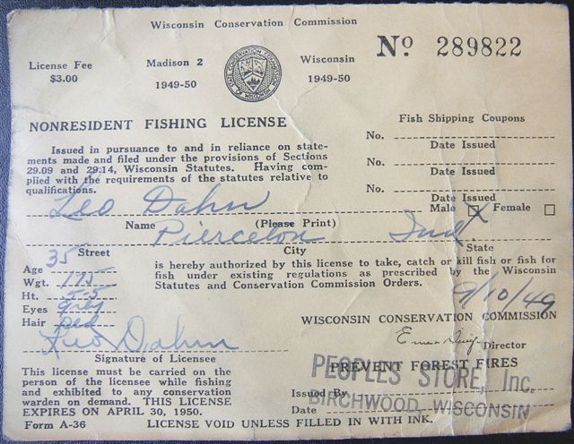   WISCONSIN CONSERVATION COMMISSION NONRESIDENT FISHING LICENSE 1949 50